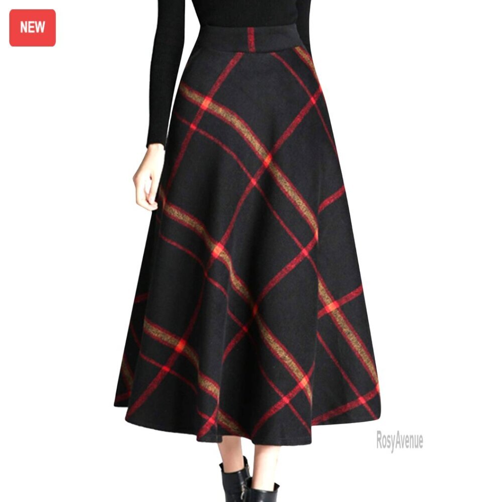 Wool Plaid A-Line Pleated Long Skirt with Elastic Waist and Pockets